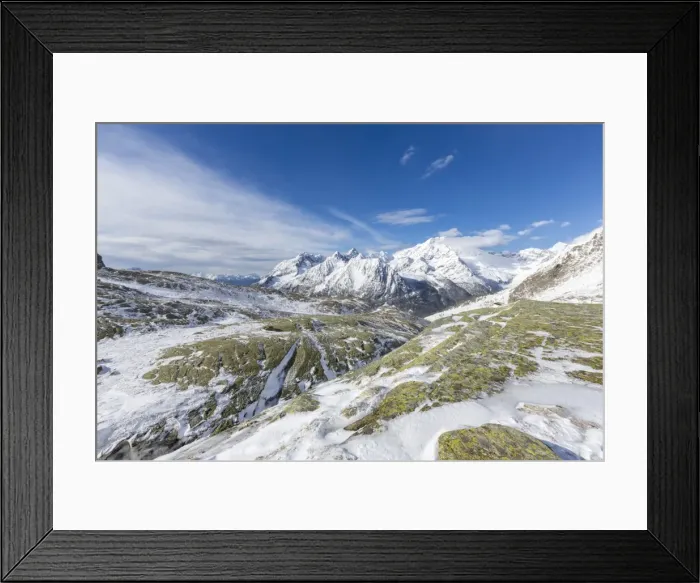 Framed Print : Sunshine and snow at Alpe Fora with Monte Disgrazia in the background, Malenco Valley Framed Print : Sunshine and snow at Alpe Fora with Monte Disgrazia in the background, Malenco Valley