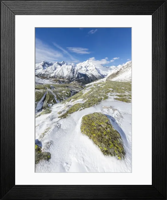 Framed Print : Sunshine and snow at Alpe Fora with Monte Disgrazia in the background, Malenco Valley Framed Print : Sunshine and snow at Alpe Fora with Monte Disgrazia in the background, Malenco Valley