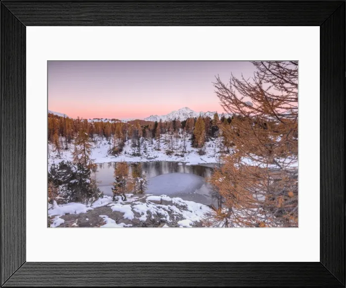 Framed Print : Pink sky at sunrise frames the frozen Lake Mufule surrounded by woods, Malenco Valley Framed Print : Pink sky at sunrise frames the frozen Lake Mufule surrounded by woods, Malenco Valley