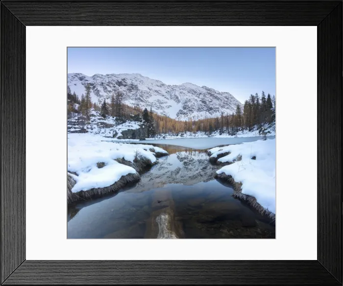 Framed Print : The snowy peaks reflected in the frozen Lake Mufule, Malenco Valley, Province of Sondrio Framed Print : The snowy peaks reflected in the frozen Lake Mufule, Malenco Valley, Province of Sondrio