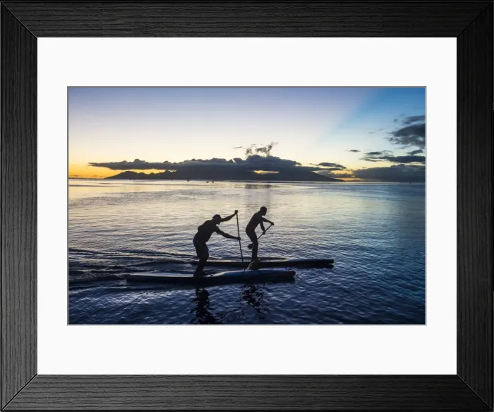 Framed Print : Stand up paddlers working out at sunset with Moorea in the background, Papeete, Tahiti Framed Print : Stand up paddlers working out at sunset with Moorea in the background, Papeete, Tahiti
