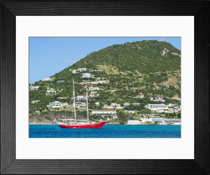 Framed Print : Red sailing boat in the bay of Philipsburg, Sint Maarten, West Indies, Caribbean Framed Print : Red sailing boat in the bay of Philipsburg, Sint Maarten, West Indies, Caribbean
