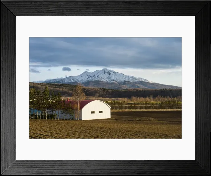 Framed Print : Little farm before a snow capped mountain near the Shiretoko National Park, Hokkaido Framed Print : Little farm before a snow capped mountain near the Shiretoko National Park, Hokkaido