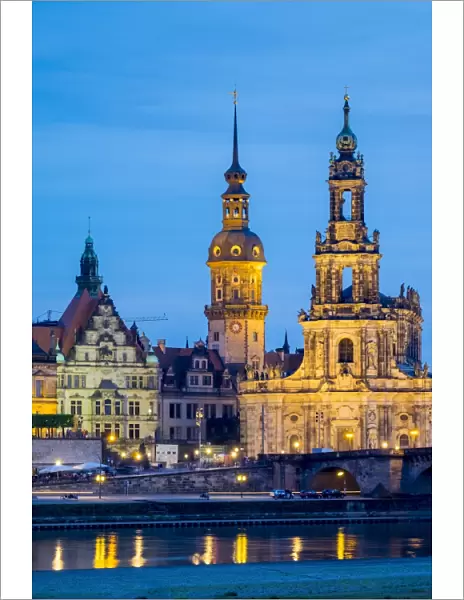 Dresden skyline, historic buildings along the Elbe River at night, Altstadt (Old Town)