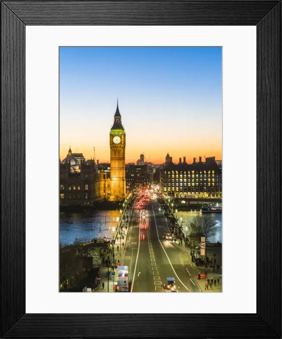 Framed Print : Big Ben (the Elizabeth Tower), and busy traffic on Westminster Bridge at dusk, London Framed Print : Big Ben (the Elizabeth Tower), and busy traffic on Westminster Bridge at dusk, London