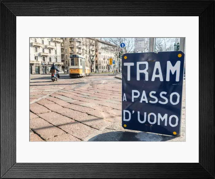 Framed Print : An old sign in Italian that says Trams go to Duomo, with a traditional Milanese tram Framed Print : An old sign in Italian that says Trams go to Duomo, with a traditional Milanese tram