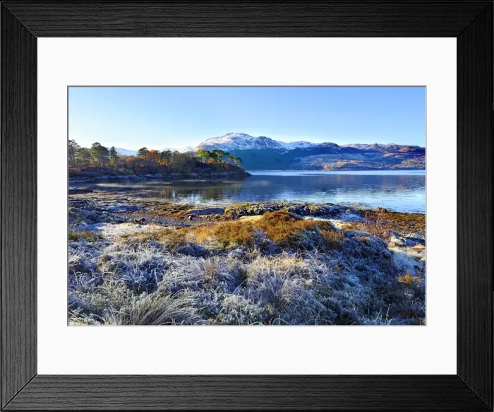 Framed Print : Winter view on a frosty sunny morning along the banks of Loch Sunart in the Ardnamurchan Peninsula Framed Print : Winter view on a frosty sunny morning along the banks of Loch Sunart in the Ardnamurchan Peninsula