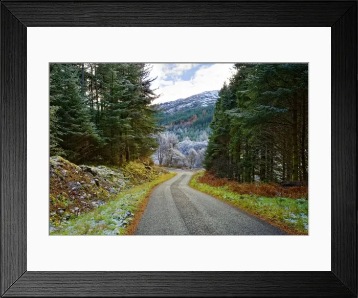 Framed Print : A winter view of a winding road through a wooded valley in the Ardnamurchan Peninsula Framed Print : A winter view of a winding road through a wooded valley in the Ardnamurchan Peninsula