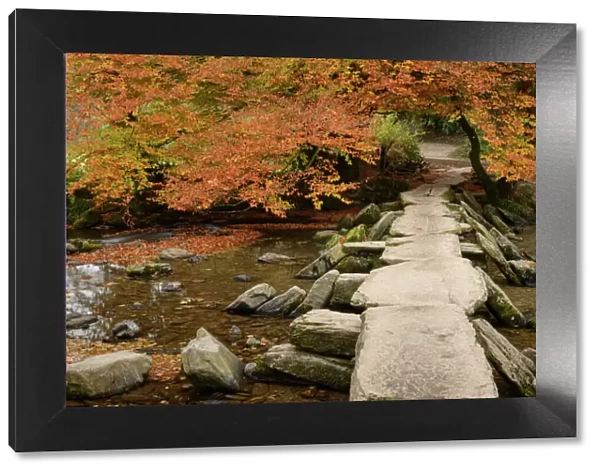 Tarr Steps, a clapper bridge crossing the River Barle on Exmoor, Somerset, England