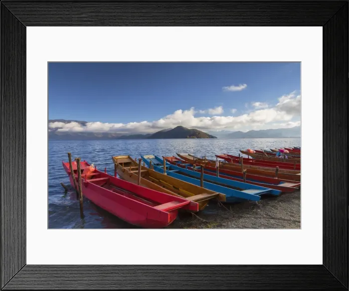 Framed Print : Boats at Luoshui, Lugu Lake, Yunnan, China, Asia Framed Print : Boats at Luoshui, Lugu Lake, Yunnan, China, Asia