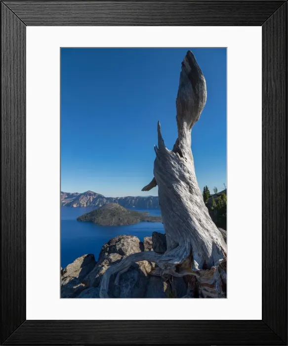 Framed Print : Lone tree trunk over Crater Lake, the deepest lake in the U. S. A. part of the Cascade Range Framed Print : Lone tree trunk over Crater Lake, the deepest lake in the U. S. A. part of the Cascade Range