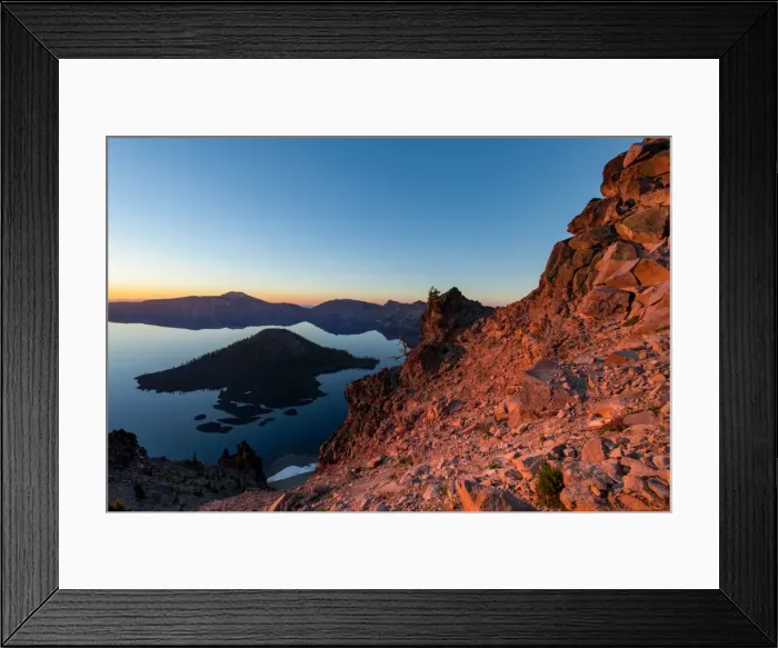 Framed Print : Wizard Island and the still waters of Crater Lake at dawn, the deepest lake in the U Framed Print : Wizard Island and the still waters of Crater Lake at dawn, the deepest lake in the U