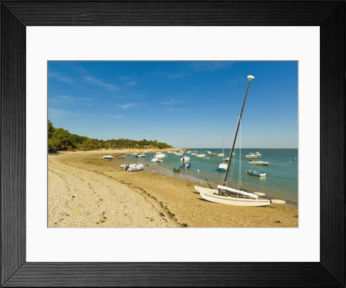 Framed Print : Boats moored in the entrance to Fier d Ars by the beach at La Patache, Les Portes-en-Re Framed Print : Boats moored in the entrance to Fier d Ars by the beach at La Patache, Les Portes-en-Re