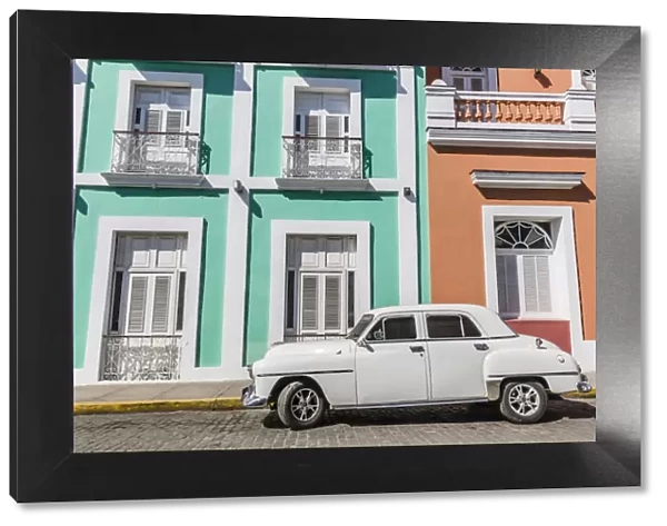 Classic 1950s Plymouth taxi, locally known as almendrones in the town of Cienfuegos