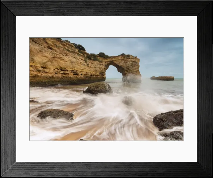 Framed Print : Waves crashing on the sand beach surrounded by cliffs, Albandeira, Lagoa Municipality Framed Print : Waves crashing on the sand beach surrounded by cliffs, Albandeira, Lagoa Municipality