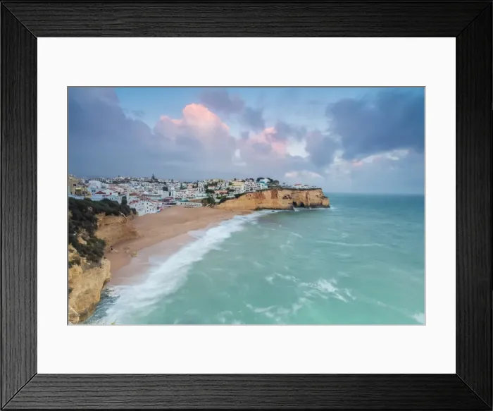 Framed Print : View of Carvoeiro village surrounded by sandy beach and turquoise sea at sunset, Lagoa Municipality Framed Print : View of Carvoeiro village surrounded by sandy beach and turquoise sea at sunset, Lagoa Municipality