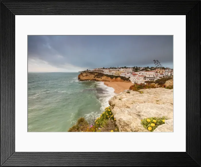 Framed Print : Clouds on Carvoeiro village surrounded by sandy beach and turquoise sea, Lagoa Municipality Framed Print : Clouds on Carvoeiro village surrounded by sandy beach and turquoise sea, Lagoa Municipality