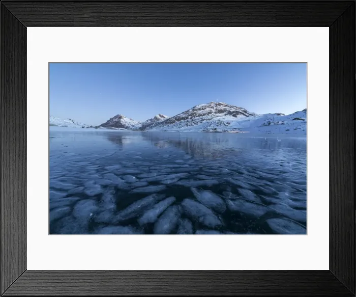 Framed Print : The frozen Lago Bianco framed the blue lights of dusk, Bernina Pass, canton of Graubunden Framed Print : The frozen Lago Bianco framed the blue lights of dusk, Bernina Pass, canton of Graubunden