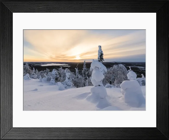 Framed Print : The sun frames the snowy landscape and woods in the cold arctic winter, Ruka, Kuusamo Framed Print : The sun frames the snowy landscape and woods in the cold arctic winter, Ruka, Kuusamo