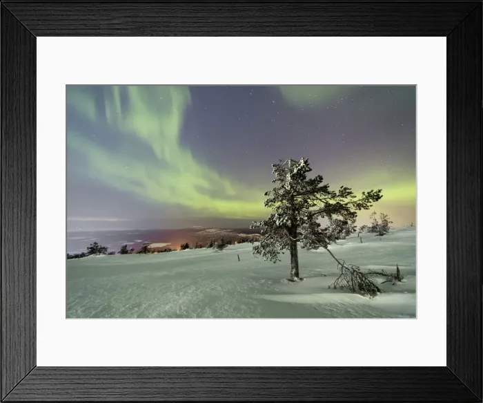 Framed Print : Northern Lights (Aurora Borealis) and starry sky on the snowy landscape and the frozen trees