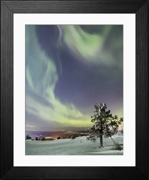 Framed Print : Panorama of snowy woods and frozen trees framed by Northern Lights (Aurora Borealis) and stars Framed Print : Panorama of snowy woods and frozen trees framed by Northern Lights (Aurora Borealis) and stars