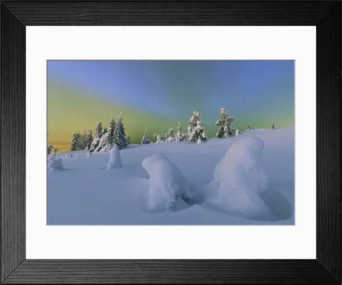 Framed Print : Colorful Northern Lights of the Aurora Borealis and starry sky on the snowy woods