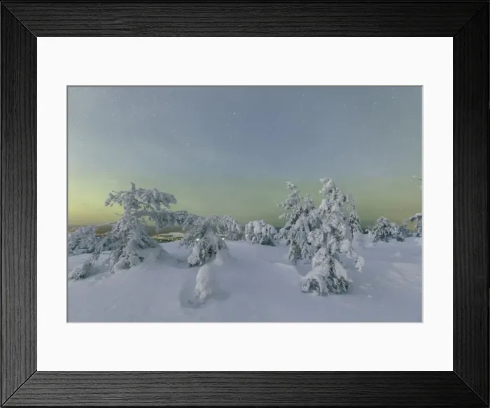 Framed Print : Frozen trees in snowy woods framed by starry sky in the cold polar night, Ruka, Kuusamo Framed Print : Frozen trees in snowy woods framed by starry sky in the cold polar night, Ruka, Kuusamo