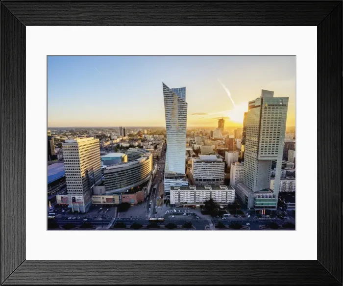 Framed Print : Skyscrapers at sunset, City Centre, Warsaw, Masovian Voivodeship, Poland, Europe
