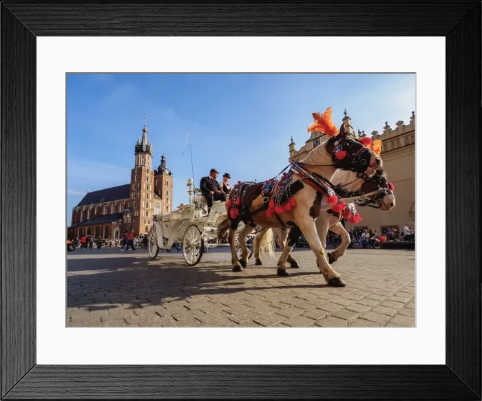 Framed Print : Horse Carriage with St. Mary Basilica in the background, Main Market Square, Cracow Framed Print : Horse Carriage with St. Mary Basilica in the background, Main Market Square, Cracow