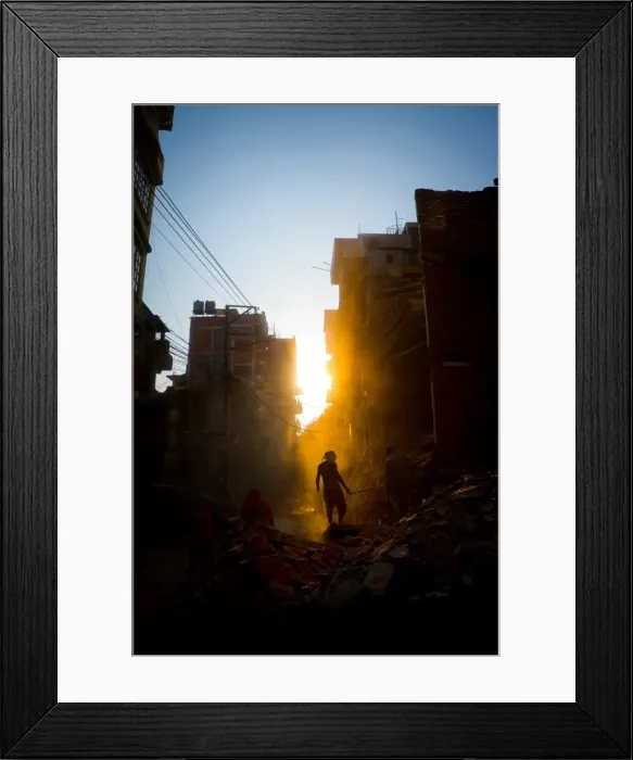 Framed Print : Rays of early evening sun on the dusty streets of Thamel after earthquake, Kathmandu Framed Print : Rays of early evening sun on the dusty streets of Thamel after earthquake, Kathmandu