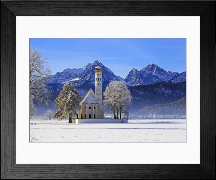 Framed Print : Church of St. Coloman and Tannheimer Alps near Schwangau, Allgau, Bavaria, Germany Framed Print : Church of St. Coloman and Tannheimer Alps near Schwangau, Allgau, Bavaria, Germany