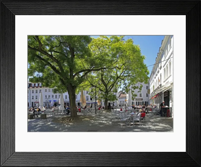 Framed Print : Street cafe on St. Johanner Markt Square in the Old Town, Saarbrucken, Saarland, Germany