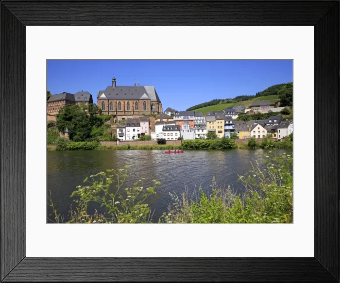 Framed Print : View towards Church of St. Lawrence in Saarburg on River Saar, Rhineland-Palatinate Framed Print : View towards Church of St. Lawrence in Saarburg on River Saar, Rhineland-Palatinate