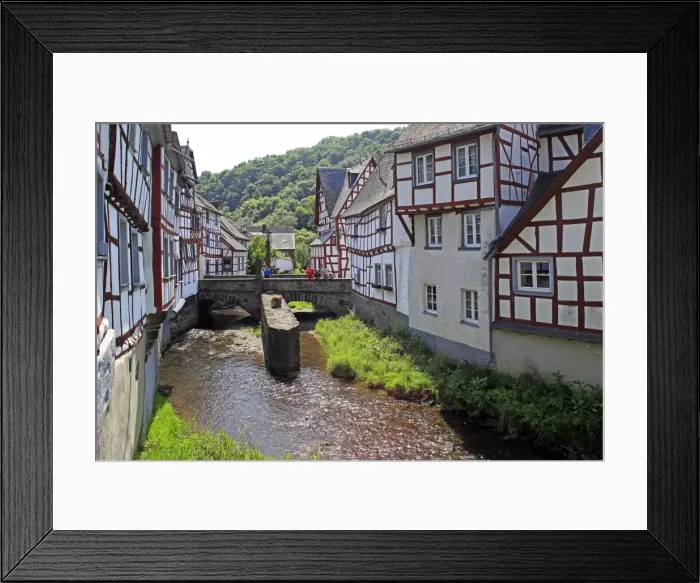 Framed Print : Half-timbered Houses in Monreal on River Elz, Eifel, Rhineland-Palatinate, Germany Framed Print : Half-timbered Houses in Monreal on River Elz, Eifel, Rhineland-Palatinate, Germany