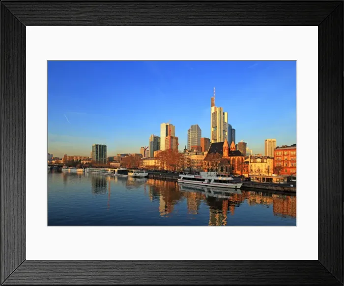 Framed Print : View across Main River towards the skyline of Frankfurt am Main, Hesse, Germany, Europe Framed Print : View across Main River towards the skyline of Frankfurt am Main, Hesse, Germany, Europe