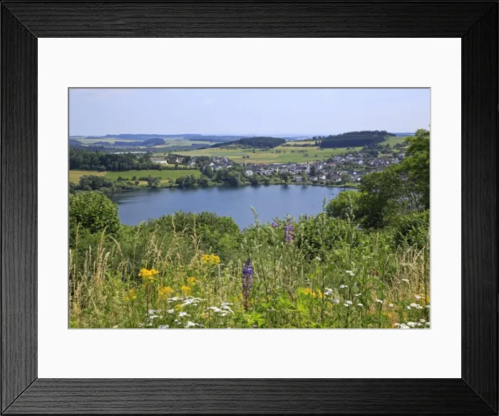 Framed Print : View across Schalkenmehren Maar towards Schalkenmehren, Eifel, Rhineland-Palatinate Framed Print : View across Schalkenmehren Maar towards Schalkenmehren, Eifel, Rhineland-Palatinate