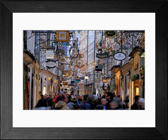 Framed Print : Christmas Decorations in Getreidegasse, Salzburg, Austria, Europe Framed Print : Christmas Decorations in Getreidegasse, Salzburg, Austria, Europe