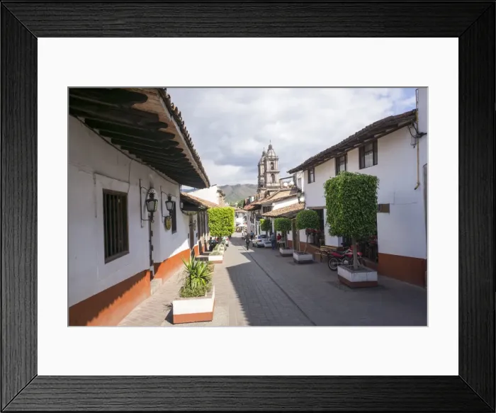 Framed Print : Typical street, in the distance the Parroquia de San Francisco de Assisi, Valle de Bravo Framed Print : Typical street, in the distance the Parroquia de San Francisco de Assisi, Valle de Bravo