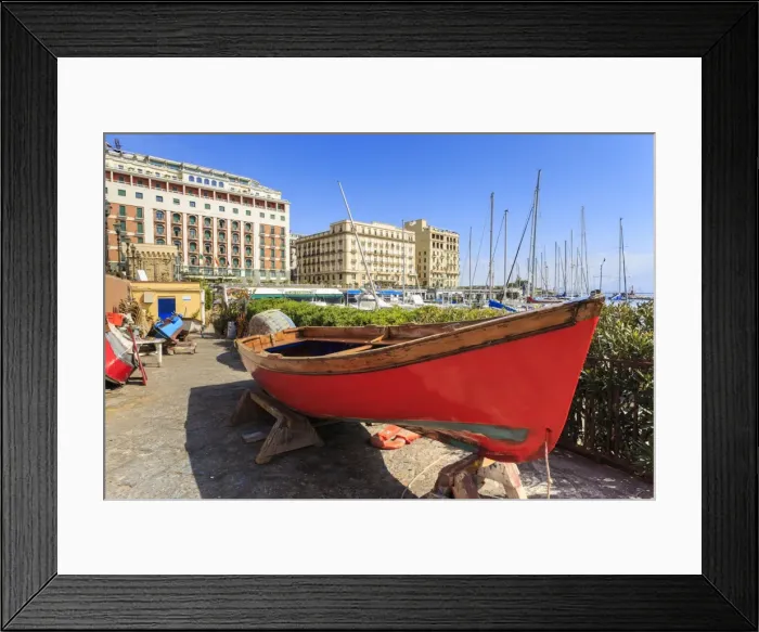 Framed Print : Colourful rowing boats under repair at the marina Borgo Marinaro, with backdrop of grand hotels Framed Print : Colourful rowing boats under repair at the marina Borgo Marinaro, with backdrop of grand hotels