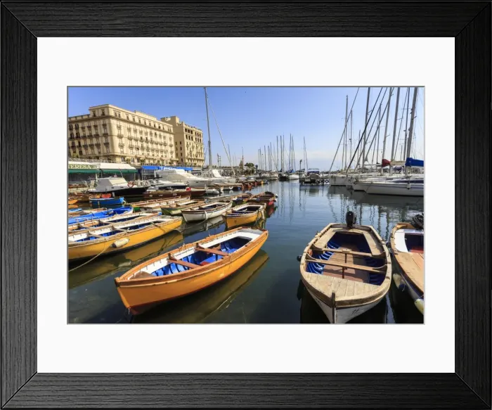 Framed Print : Yachts and colourful rowing boats in the marina Borgo Marinaro, Vesuvius in distance Framed Print : Yachts and colourful rowing boats in the marina Borgo Marinaro, Vesuvius in distance
