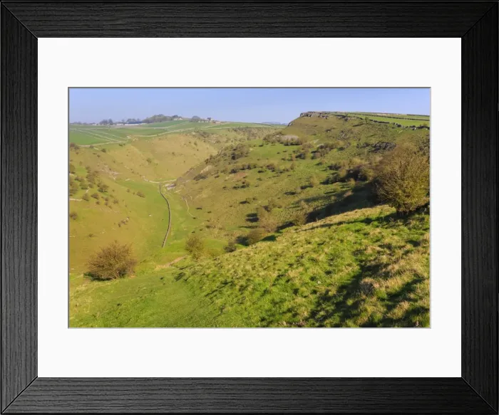 Framed Print : Cressbrook Dale Nature Reserve, rolling landscape, elevated view in spring, Peak Framed Print : Cressbrook Dale Nature Reserve, rolling landscape, elevated view in spring, Peak