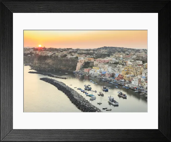 Framed Print : Marina Corricella sunset, fishing village, colourful fishermens houses, boats and church Framed Print : Marina Corricella sunset, fishing village, colourful fishermens houses, boats and church