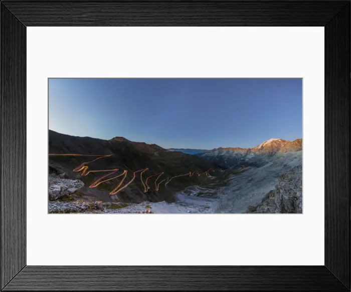 Framed Print : Panorama of lights of car trace at dusk, Stelvio Pass, Valtellina, Lombardy, Trentino Alto Adige Framed Print : Panorama of lights of car trace at dusk, Stelvio Pass, Valtellina, Lombardy, Trentino Alto Adige