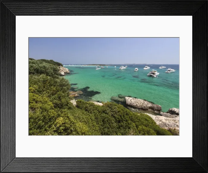 Framed Print : Green vegetation of the inland frames the speed boats moored in the crystal sea, Sperone Framed Print : Green vegetation of the inland frames the speed boats moored in the crystal sea, Sperone