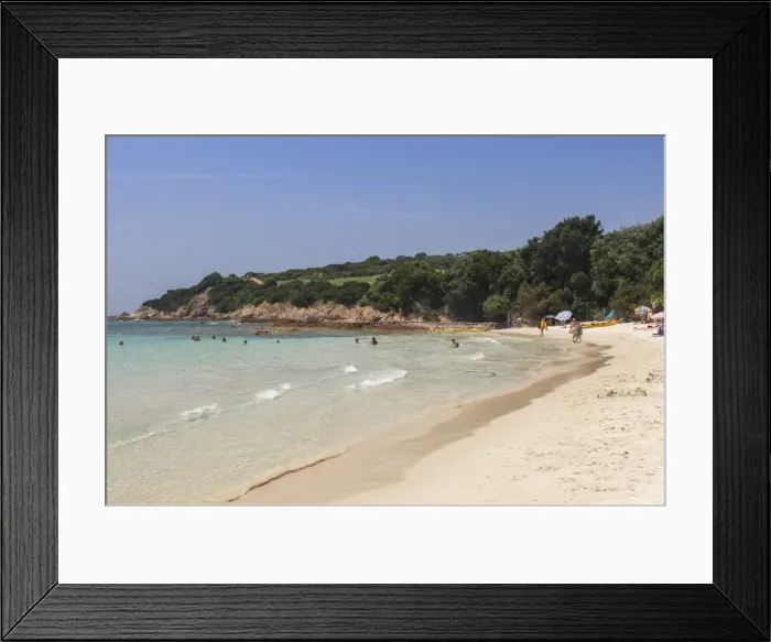 Framed Print : Bathers on sandy beach surrounded by turquoise sea and golf course, Sperone, Bonifacio Framed Print : Bathers on sandy beach surrounded by turquoise sea and golf course, Sperone, Bonifacio