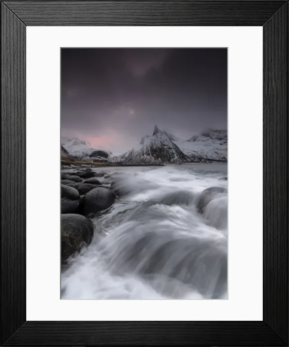 Framed Print : Dark clouds above snowy peaks and waves of the cold sea, Senja, Ersfjord, Troms county Framed Print : Dark clouds above snowy peaks and waves of the cold sea, Senja, Ersfjord, Troms county