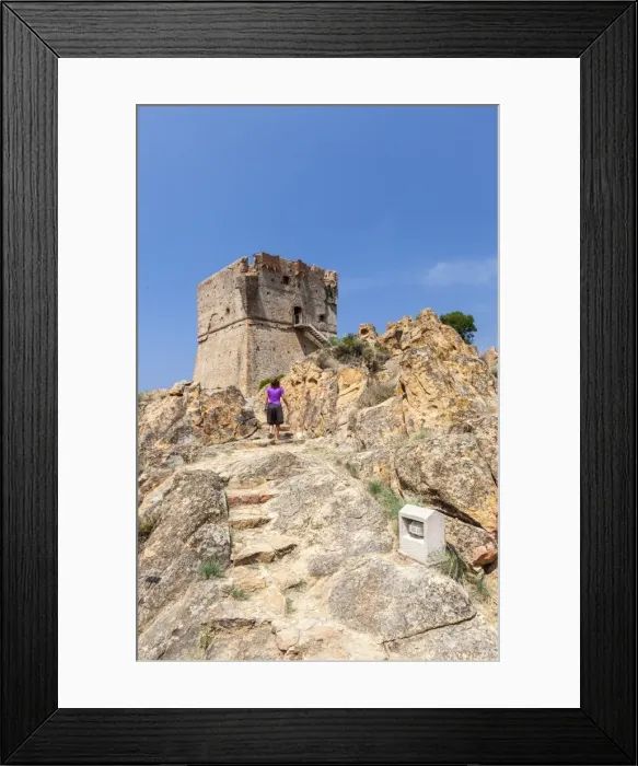 Framed Print : Genoese tower of granite rocks built as fortress of defense framed by blue sky, Porto Framed Print : Genoese tower of granite rocks built as fortress of defense framed by blue sky, Porto