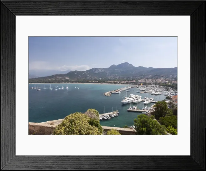 Framed Print : View of the harbor in the bay surrounded by the turquoise sea, Calvi, Balagne Region Framed Print : View of the harbor in the bay surrounded by the turquoise sea, Calvi, Balagne Region