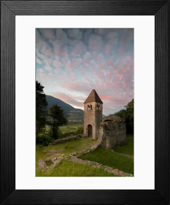 Framed Print : Pink clouds at sunset on the old Abbey of San Pietro in Vallate, Piagno, Sondrio province Framed Print : Pink clouds at sunset on the old Abbey of San Pietro in Vallate, Piagno, Sondrio province