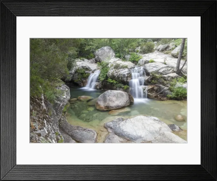 Framed Print : View of the Purcaraccia waterfalls and natural pools in summer, Punta di Malanda Framed Print : View of the Purcaraccia waterfalls and natural pools in summer, Punta di Malanda